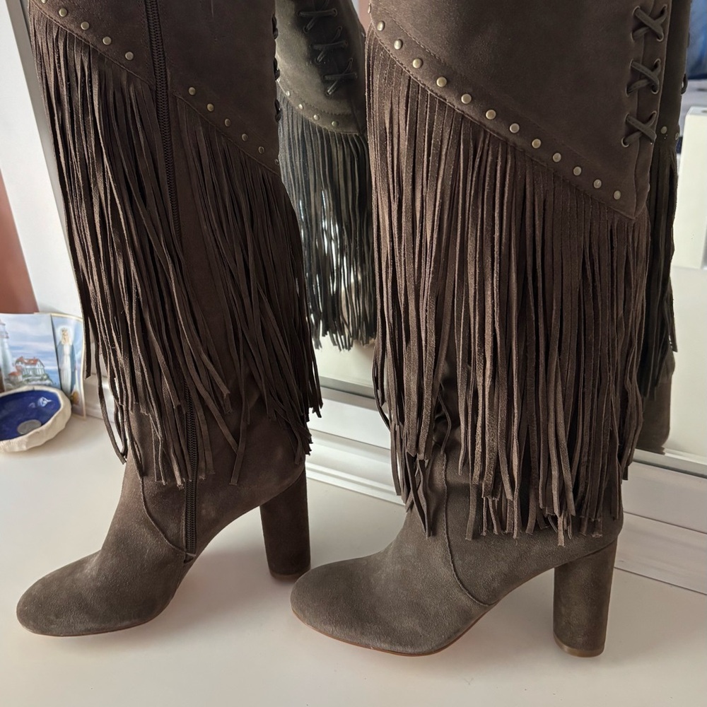INC International Concepts Brown Suede Fringe Heeled Boots